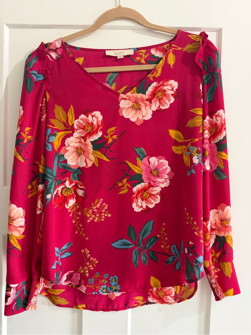LOFT Hot Pink Floral V-Neck Long-Sleeve Blouse